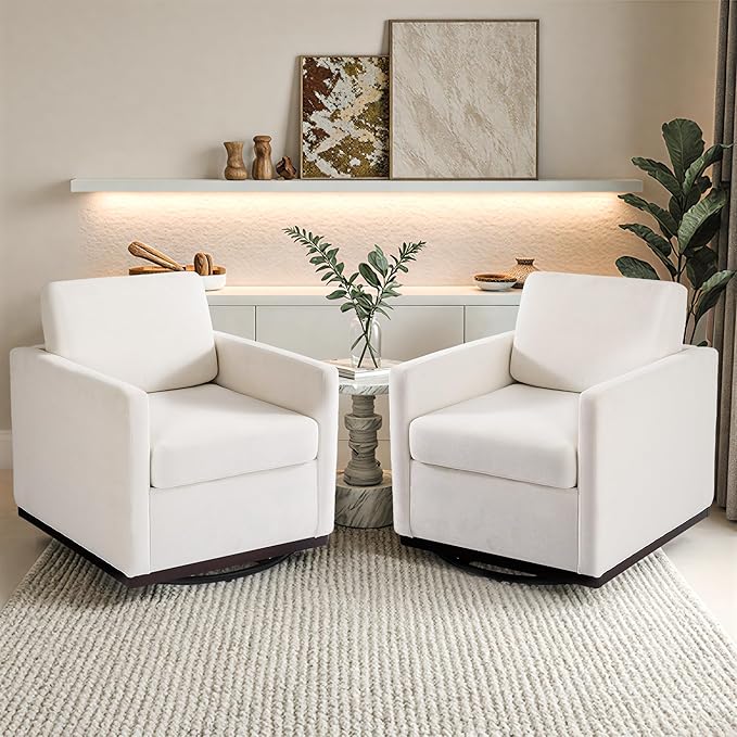 Pia Ricco Plush Swivel Barrel Chair Set of 2 - Mid-Century Modern Accent Armchairs in Soft Chenille for Living Room & Cozy Reading Nook, Beige