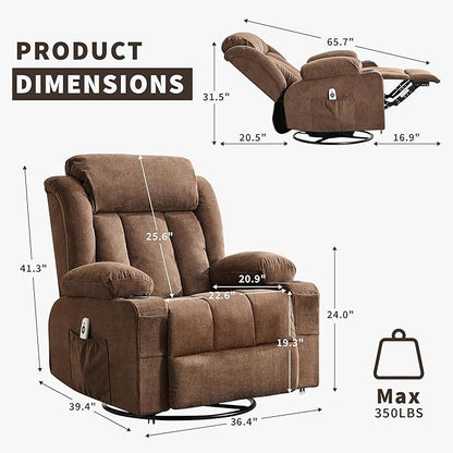 Power 360° Swivel Rocker Recliner with Heat and Massage Oversized Electric Rocking Chair for Big and Tall People with 2 Cup Holders Side Pockets Remote Control USB Charging Port, Brown