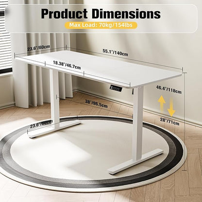 ERGOMAKER Electric Standing Desk, 55" x 23.6" Height Adjustable Sit Stand Desk with Splice Board for Home Office, Computer Table Memory Preset (White Frame, White Desktop)