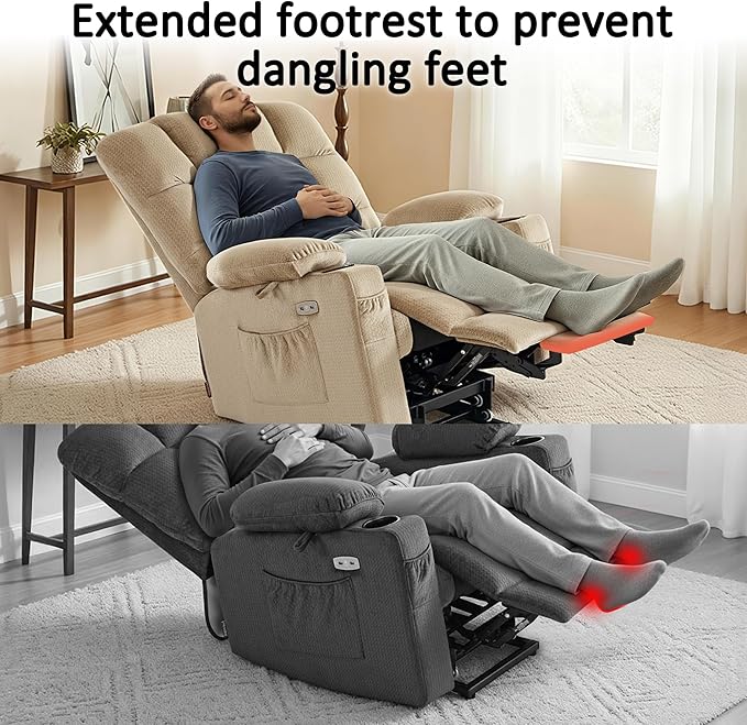 MCombo Dual Motor Power Lift Recliner Chair with Massage and Heat for Elderly People, Infinite Position, USB Ports, Cup Holders, Fabric 7679 (Medium, Beige)