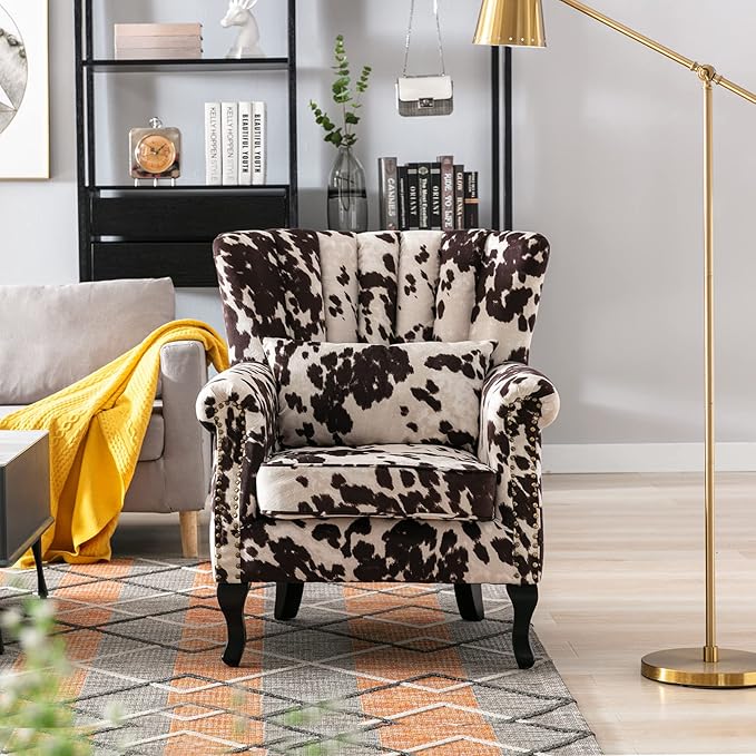 Accent Reading Arm Chairs Set of 2 for Living Room Bedroom, Midcentury Modern Comfy Corner Sofa Chair, Wingback Waiting Room Club Chair with Button Tufted Back &Lumbar Pillow, Fabric Cow
