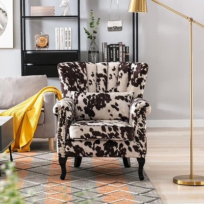 Accent Reading Arm Chairs Set of 2 for Living Room Bedroom, Midcentury Modern Comfy Corner Sofa Chair, Wingback Waiting Room Club Chair with Button Tufted Back &Lumbar Pillow, Fabric Cow