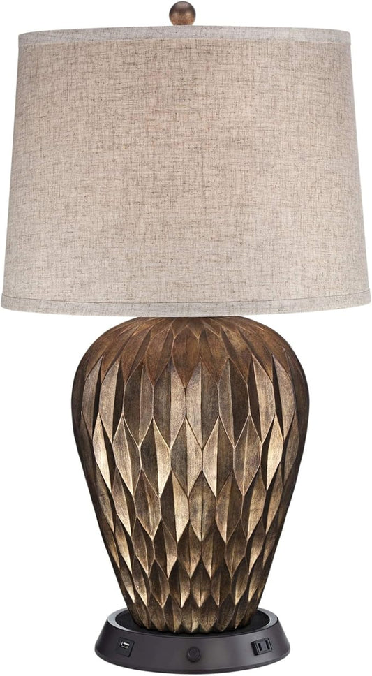 Possini Euro Design Buckhead Modern Table Lamp with Dimmable USB Workstation Charging Base Geometric 28" Tall Bronze Tapered Fabric Drum Shade for Living Room Bedroom House Bedside Nightstand Home