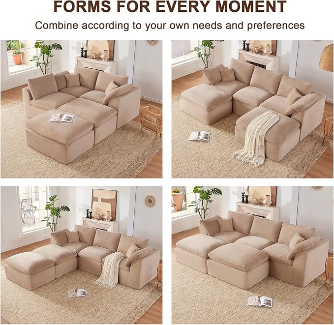 112" Cloud Sectional Couch, Boneless Couches for Living Room, U Shaped Couch with Convertible Ottoman, Modular Sectional Sofa with Deep Seat, Comfy Soft Cushions, No Assembly, Camel