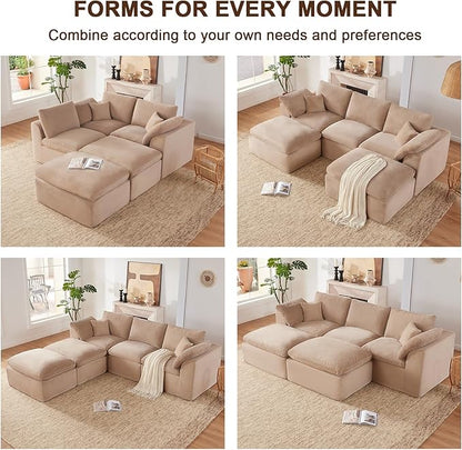 112" Cloud Sectional Couch, Boneless Couches for Living Room, U Shaped Couch with Convertible Ottoman, Modular Sectional Sofa with Deep Seat, Comfy Soft Cushions, No Assembly, Camel