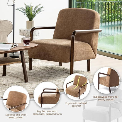 Glitzhome Modern Accent Chair for Living Room, Upholstered Extra-Cushioned Fabric Armchair with Walnut Rubber Wood Frame, Comfy Single Chair for Living Room/Bedroom/Reading Room/Office