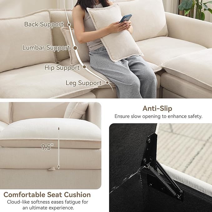 30" Cloud Modular Single Sofa Chair with Storage Ottoman, Modern Upholstered Accent Chair with Storage, Chenille Reading Lounge Armchair for Living Room, Bedroom, Small Space, Beige