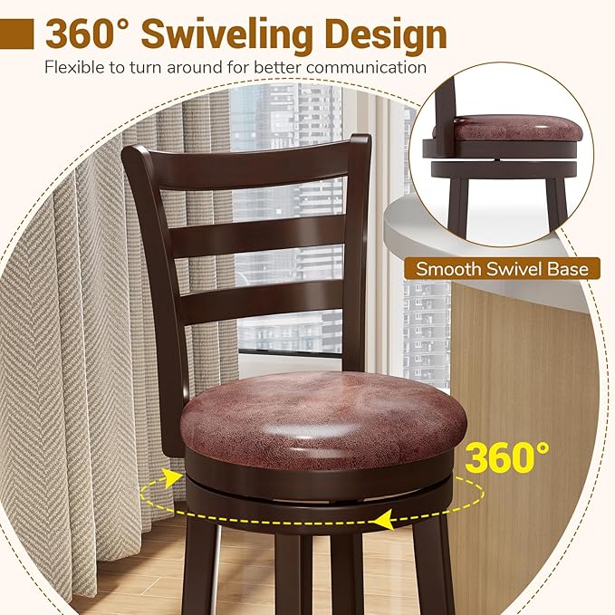 COSTWAY 30” Bar Height Stools Set of 2, Swivel l High-Top Chairs with Backrest & Faux Leather Padded Seat, Rubber Wood Barstools with Footrest for Kitchen, Dining Room, Pub (2,30'')