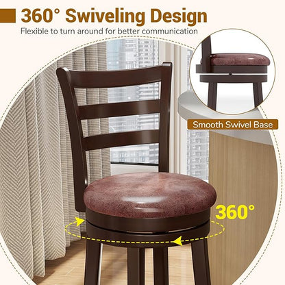 COSTWAY 30” Bar Height Stools Set of 2, Swivel l High-Top Chairs with Backrest & Faux Leather Padded Seat, Rubber Wood Barstools with Footrest for Kitchen, Dining Room, Pub (2,30'')