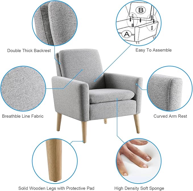 Lohoms Accent Chair Set of 2 Living Room, Fabric Upholstered Comfy Reading Chair, Mid Century Modern Armchair for Bedroom, Home Office, Padded Seat Sofa Chairs with Wood Legs, Grey