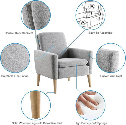 Lohoms Accent Chair Set of 2 Living Room, Fabric Upholstered Comfy Reading Chair, Mid Century Modern Armchair for Bedroom, Home Office, Padded Seat Sofa Chairs with Wood Legs, Grey