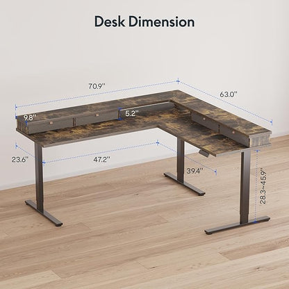 FLEXISPOT 71'' L Shaped Standing Desk Electric Corner Table with Shelf, 4 Storage Drawers, Adjustable Computer Workstation for Home, Office, Game, Studio, Rustic Brown Top + Black Frame