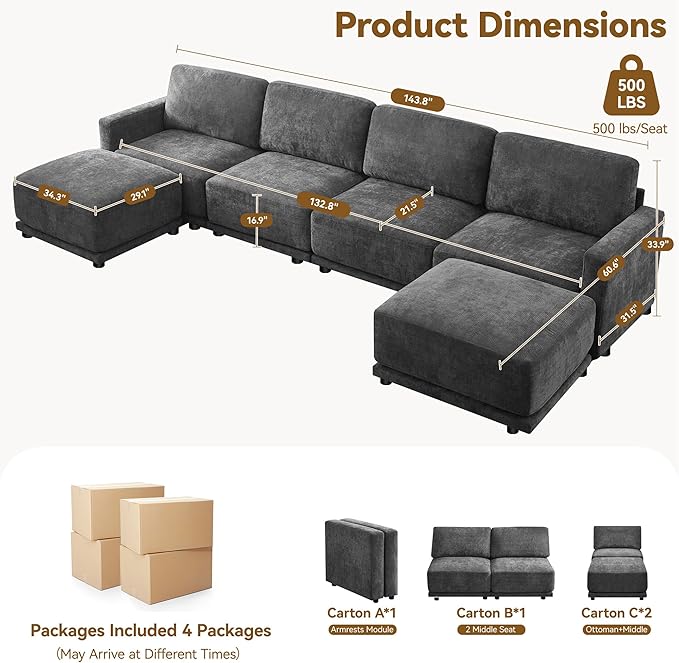 143.8" Modular Sectional Sofa Modern Chenille U-Shaped Couch with Thickened Seat Cushions, Easy Assembly, Upholstered 6 Seater Couch with 2 Movable Ottomans for Living Room, Grey