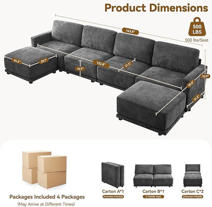 143.8" Modular Sectional Sofa Modern Chenille U-Shaped Couch with Thickened Seat Cushions, Easy Assembly, Upholstered 6 Seater Couch with 2 Movable Ottomans for Living Room, Grey