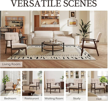 Bonzy Home Fabric Mid-Century Modern Accent Chair Set of 2, Upholstered Armchair with Solid Wood Frame, Reading Chair for Living Room, Bedroom