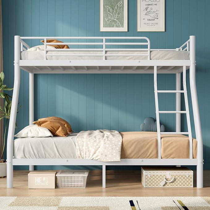 soges Twin Over Full Bunk Bed, Heavy Duty Sturdy Bunk Beds with Ladder & Guardrail, Space-Saving Metal Bed Frame for Teens Adults, White