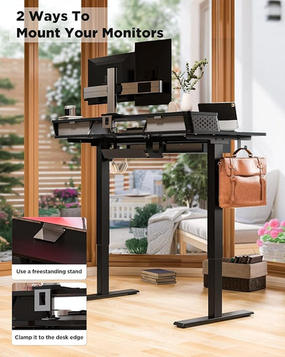 FiCiHi Adjustable Height Standing Desk with 4 Drawers,48 x 24 inches Electric Sit Stand Home Office Desk with Two Tiers, 3 Memory Presets, Monitor Stand Riser