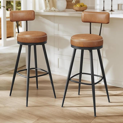 VASAGLE EKHO Collection - Bar Stools Set of 2, Swivel Bar Height Bar Stools with Back, Synthetic Leather with Stitching, Mid-Century Modern, 30-Inch Tall Barstools for Kitchen Home Bar, Caramel Brown