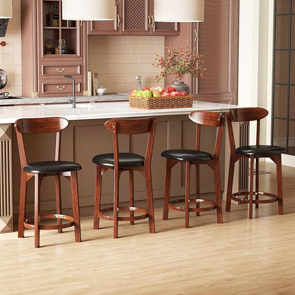 COSTWAY Bar Stool Set of 4, 23.5'' Counter Height Barstools w/Curved Backrest, Faux Leather Cushion & Rubber Wood Frame, Mid Century Modern Island Chairs for Kitchen Bar Cafe, Walnut