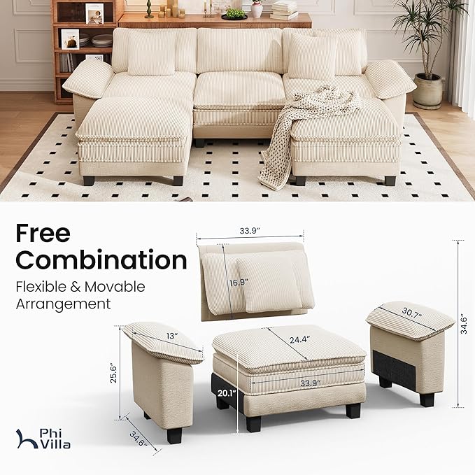 PHI VILLA Cloud Modular Couch Sets, 123.6" Sectional Sofa with U-Shaped Chaise Ottoman, 5-Seater Couches with Upholstered Deep Seat for Living Room, Chenille Corduroy Dual Fabric, Beige