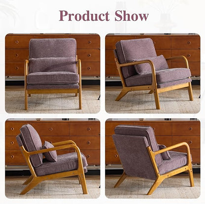 Karl home Mid Century Modern Accent Chair with Lumbar Pillow & Oak Arms – Plush Chenille Living Room Chair for Bedroom, Lounge (Purple)