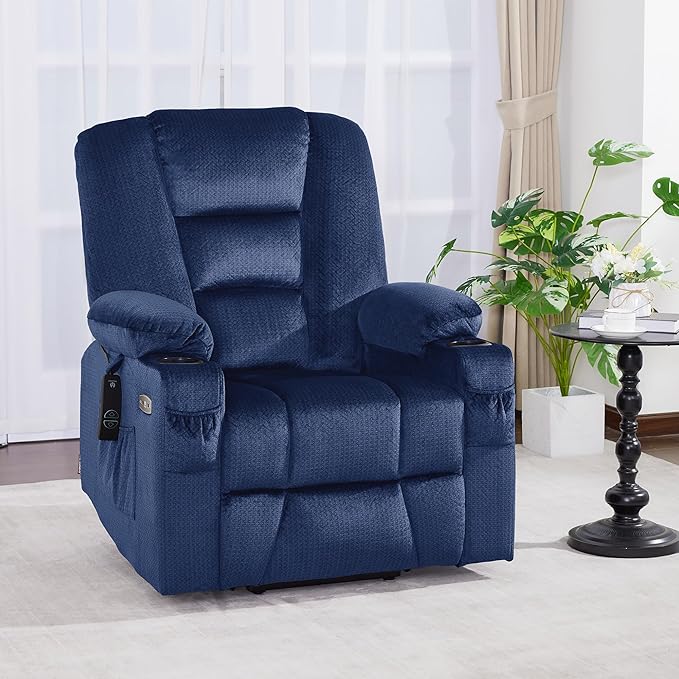 MCombo Power Lift Recliner Chair with Massage and Heat for Elderly People, Cup Holders, USB Ports, Side Pockets, Fabric 7529 (Medium, Navy Blue)