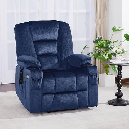 MCombo Power Lift Recliner Chair with Massage and Heat for Elderly People, Cup Holders, USB Ports, Side Pockets, Fabric 7529 (Medium, Navy Blue)