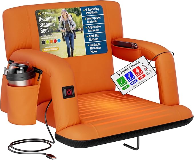 Alpcour Heated Reclining Stadium Seat for Bleachers – Wide Bleacher Chair with Back Support and Cushion, Armrests, Side Pockets, & Hook – Stadium Seats Chairs for Camping, Kayak, Paddle Board & More