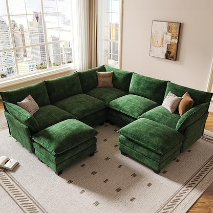 KKL 120" Modular Sectional Sofa, Large V Shape 7 Seater Convertible J/L/U-Shaped Modern Sectional Couch with Ottoman, Chenille Sectional Couches for Living Room, Apartment, Green