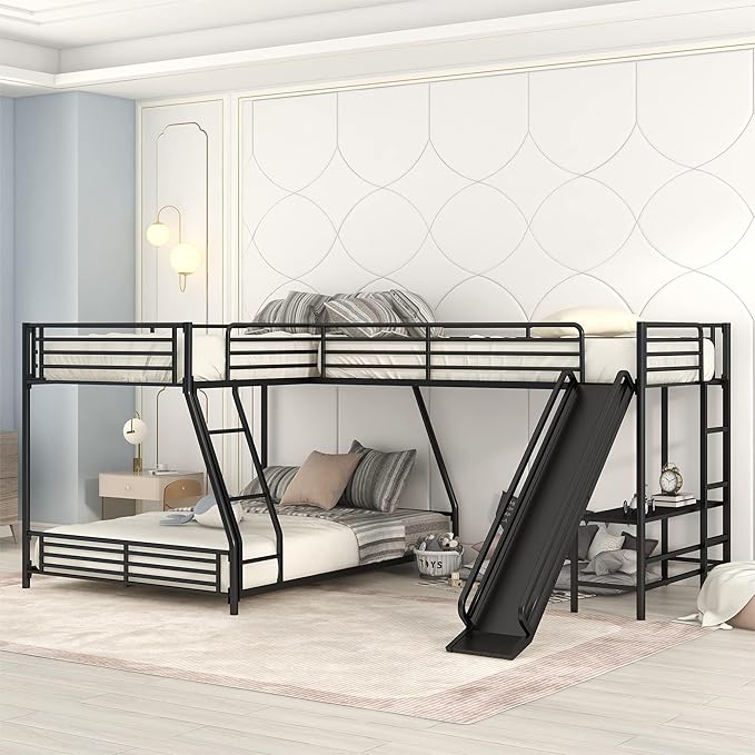 L-Shaped Twin Over Full Bunk Bed with Twin Size Loft Bed Frame Have Desk/Slide/Integrated Ladder/Full-Length Guardrails/Metal Slats Support/Easy to Assemble,for Adult Boy Girl,Black
