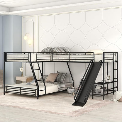 L-Shaped Twin Over Full Bunk Bed with Twin Size Loft Bed Frame Have Desk/Slide/Integrated Ladder/Full-Length Guardrails/Metal Slats Support/Easy to Assemble,for Adult Boy Girl,Black