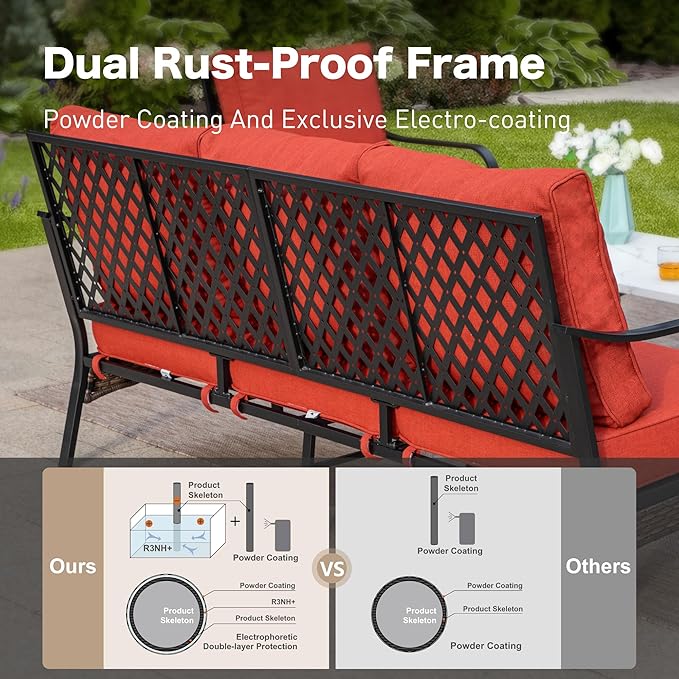 6 Piece Metal Outdoor Patio Furniture Sets, Patio Conversation Sets with 3-Seater Sofa, 4 Single Sofa (5.75" Thick Cushion) & Coffee Table, Black Frame Backyard Furniture, Rust Red