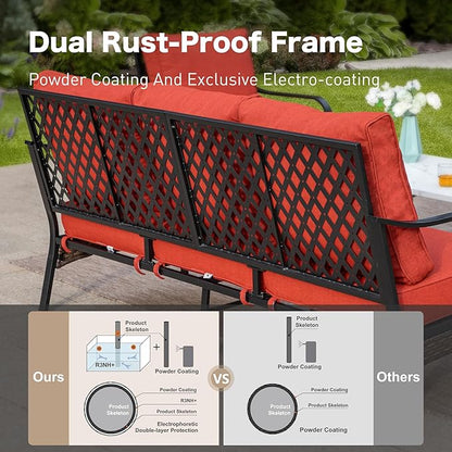 5 Piece Metal Outdoor Patio Furniture Set, Patio Conversation Sets with 3-Seater Sofa, Loveseat, 2 Fixed Sofa (5.75" Thick Cushion) & Coffee Table Black Backyard Furniture, Rust Red