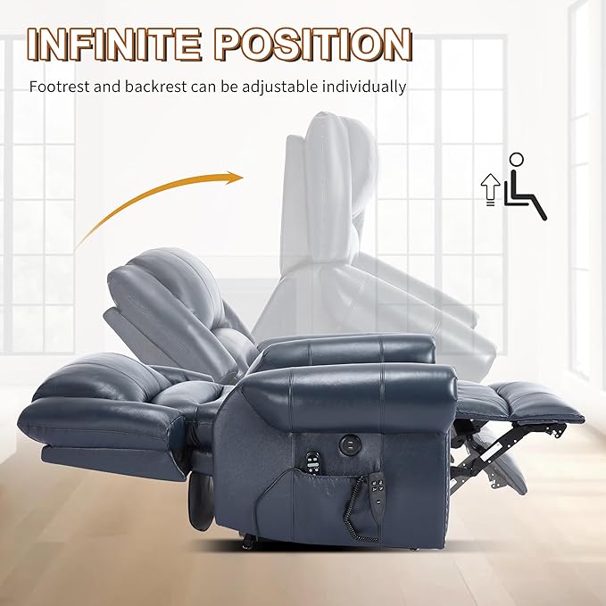 Luxlen Power Lift Recliner Chair for Elderly, Dual Motor Massage Recliner with Lumbar Heat, Heavy Duty Motion Mechanism Lift Chair with Charge Ports, Genuine Leather - Blue