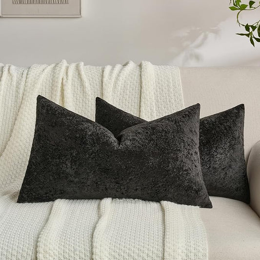 FUTEI Black Flannel Throw Pillow Covers 12x20 Inch Set of 2,Soft Dimensional Textured Lumbar Pillow Cases,Modern Home Decor for Couch Living Room