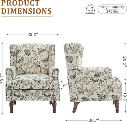 Floral Wingback Accent Chair, High Back Upholstered Armchair, Comfy Fabric Wingback Arms Chairs with Retro Solid Wood Legs, Single Sofa Reading Chair for Bedroom Living Room, Plants Beige