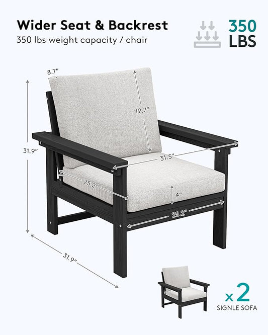 SERWALL Outdoor Patio Sofa Set, 2-Piece HDPE Single Seat Outdoor Sofa Chair with Padded Cushions, Black Frame with Beige Cushion
