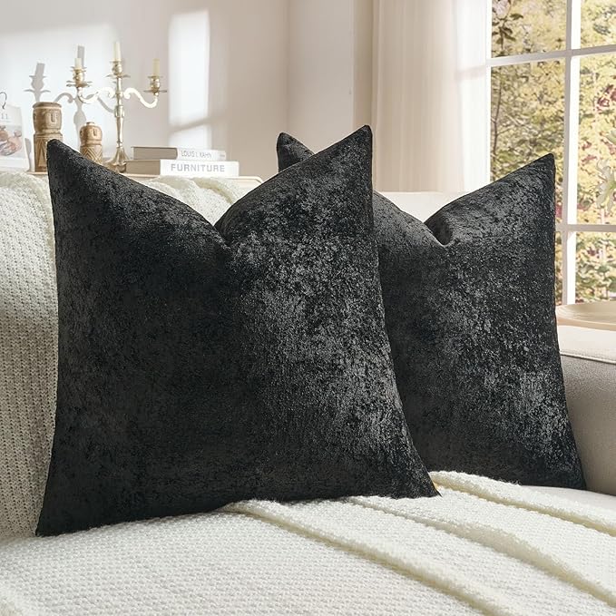 FUTEI Black Flannel Throw Pillow Covers 16x16 Inch Set of 2,Soft Dimensional Textured Cushion Cases,Modern Home Decor for Couch Living Room