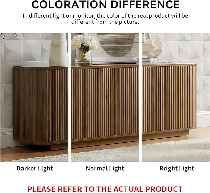 LKTART 64" Sideboard Buffet Cabinet with Storage, Wooden Fluted Storage Cabinet Sideboard Credenza with Adjustable Shelves Pressed Spring for Kitchen Living Room (Walnut)