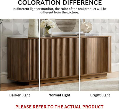 LKTART 64" Sideboard Buffet Cabinet with Storage, Wooden Fluted Storage Cabinet Sideboard Credenza with Adjustable Shelves Pressed Spring for Kitchen Living Room (Walnut)