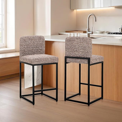 ALPHA HOME 24" Bar Stools Set of 4 Kitchen Counter Stools with Back, Counter Height Stools with Upholstered Footrest for Kitchen Island, Metal Steel Frame, Chenille, Brown
