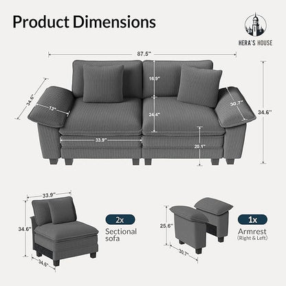 HERA'S HOUSE 88" Modular Sectional Sofa, Loveseat Couches for Living Room, Comfy Cloud Couch 2-Seater Deep Seat Sofa with Throw Pillow, Corduroy Grey