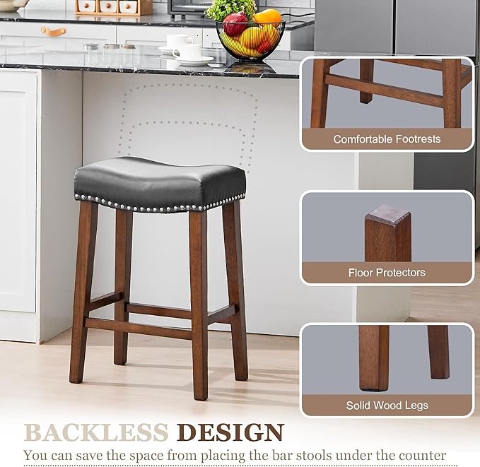 PrimeZone Counter Height Bar Stools Set of 8 - Backless Saddle Barstools with 4.3" Thick Upholstered, Nailhead Trim Faux Leather & Solid Wood Legs, 26 Inch Counter Stools for Kitchen Island, Black