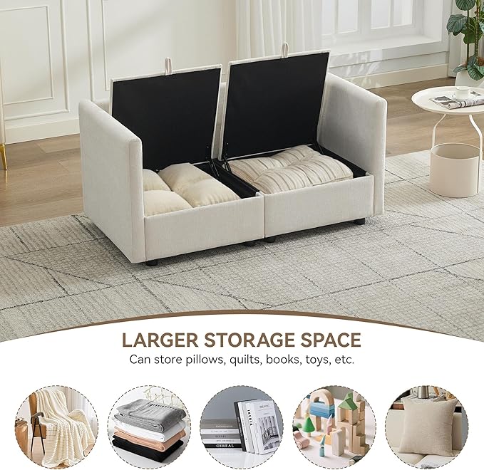 55" Cloud Modular Loveseat Sofa with Storage, Modern Upholstered Sofa Couch Small Love Seat，2 Seater Chenille Comfy Sectional Sofa with Armrests for Living Room, Small Space, Beige