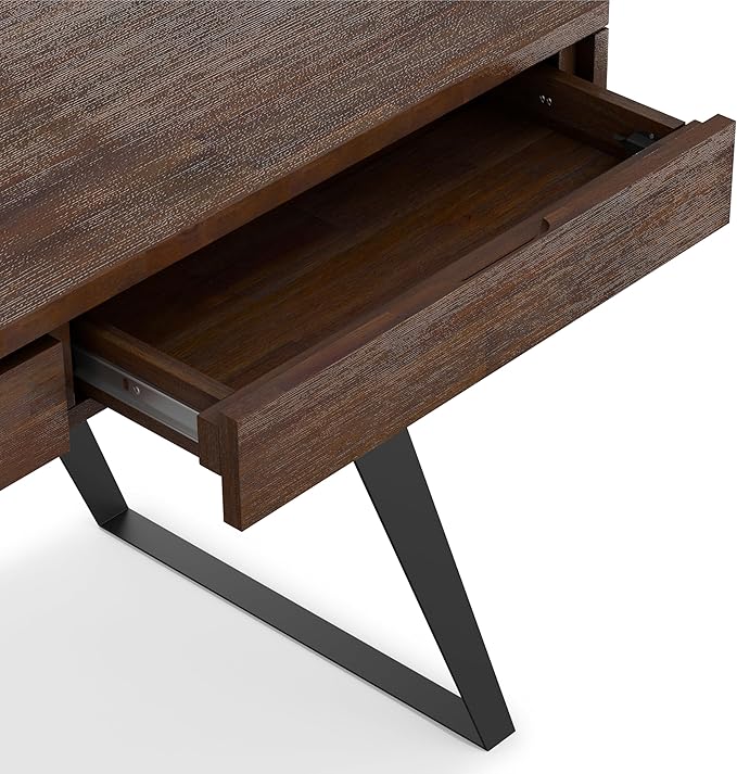 SIMPLIHOME Lowry Large Desk - 72-Inch Wide Solid Acacia Wood and Metal Writing Desk in Distressed Charcoal Brown, Modern Industrial Home Office Table with 2 Deep Drawers and Flip-Down Keyboard Tray