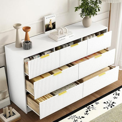 7 Drawers Dresser for Bedroom,55" Wide Fluted Dresser with Deep Drawers, Modern Chest of Drawers, Wood TV Stand Storage Organizer for Closet, Living Room, Hallway, White