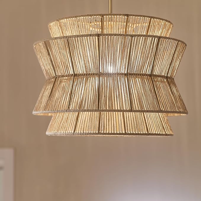 KICHLER Ophira 1-Light Pendant, Global Boho Light with Jute Shade in Champagne Bronze, Sloped Ceiling Compatible, for Kitchen or Foyer (16.75" x 22"), 52734CPZ