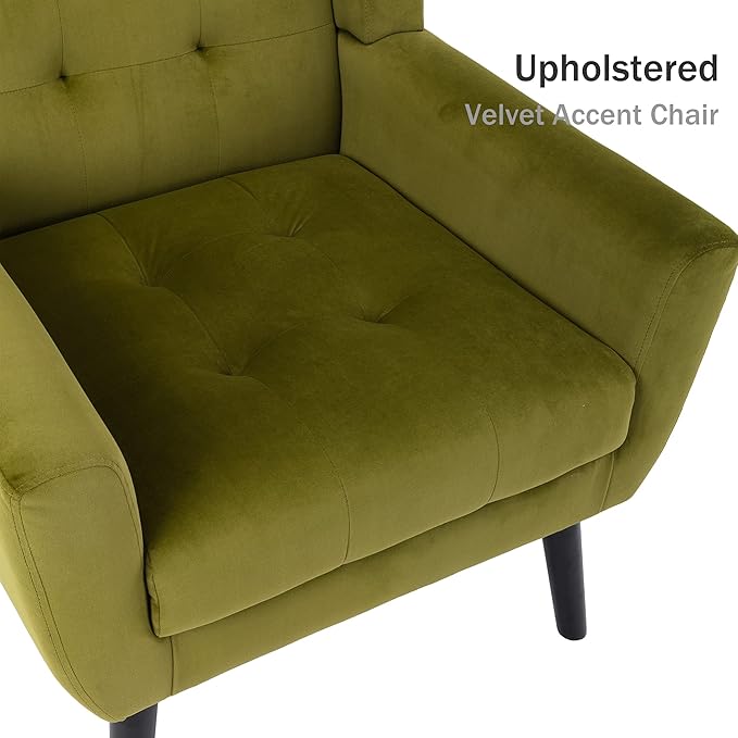 Dolonm Midcentury Modern Accent Chair with Arms, Upholstered Fabric Reading Side Chair Tufted Back Decorative Wingback Chair for Living Room Bedroom (Green)