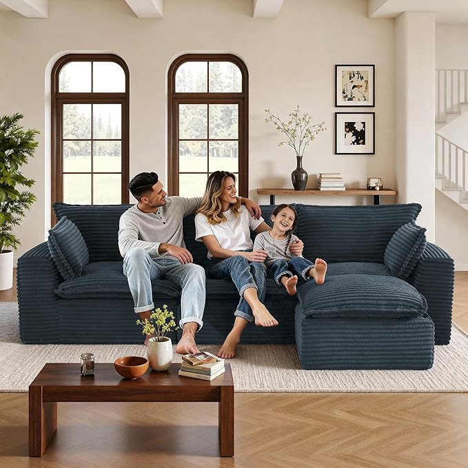 108" Sectional Couches for Living Room Boneless Couch Upholstered Cloud Couch Sectional Modular Sectional Sofa with L Shaped (Corduroy-Blue, 3 Seat+1 Ottoman)