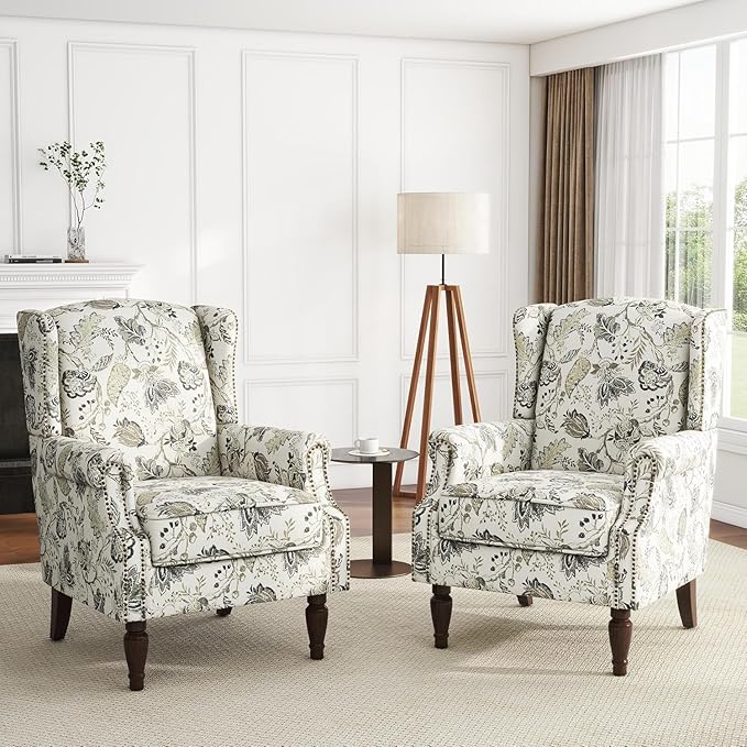 UIXE High Back Floral Accent Chair, Fabric Upholstered Armchair for Living Room, Retro Printed Wingback Arm Chair Nailhead Trim Single Sofa Bedroom Reading Seat - Beige Plants